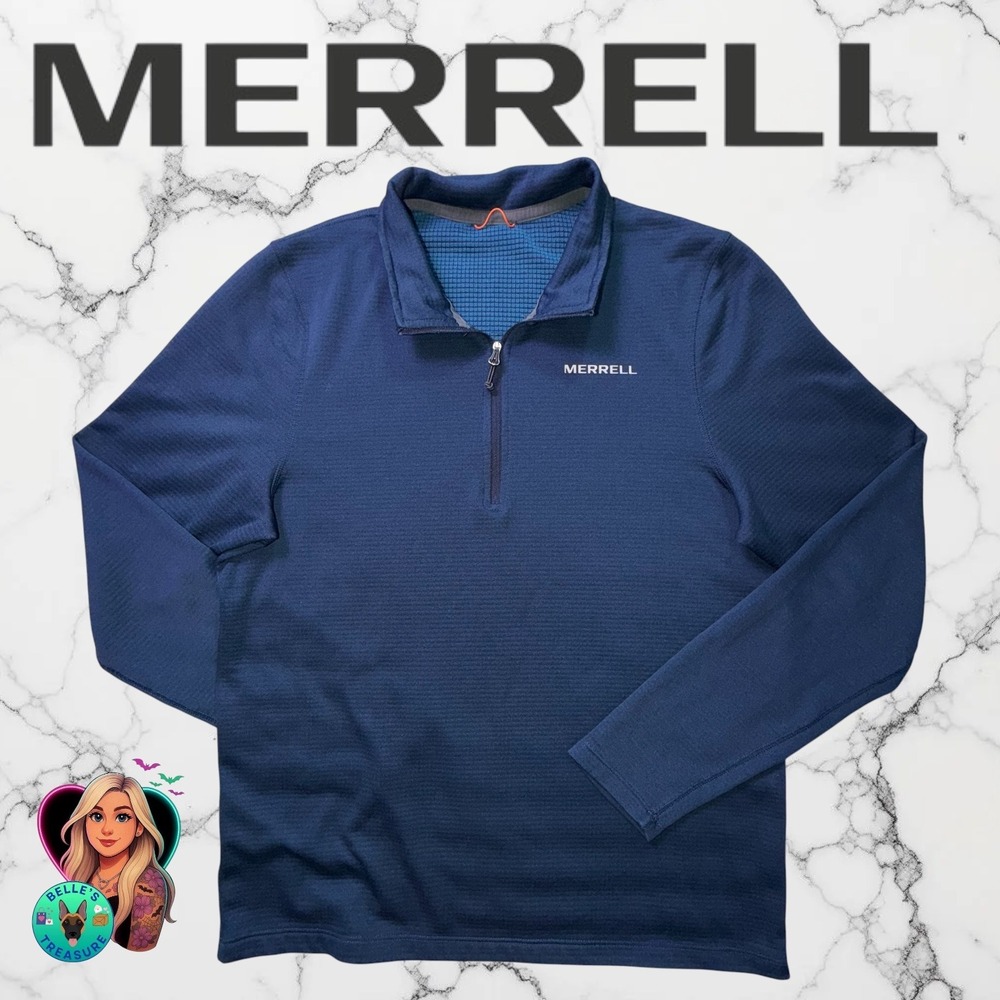 Merrell Mens Small BetaTerm Quarter Zip Pullover Navy Blue Grid Fleece Mid Layer